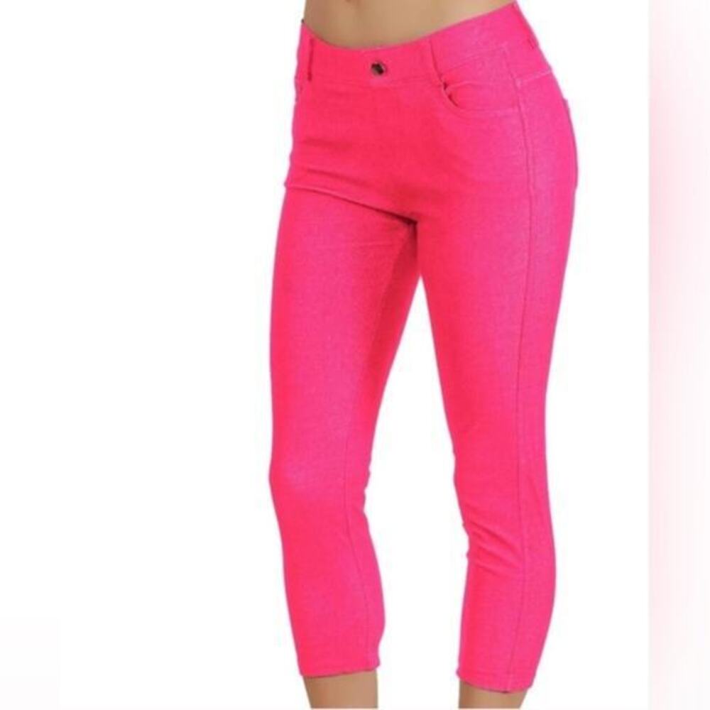 Yelete Hot Pink Coral Jean Look Jeggings Slim Fit Pull Up Pants